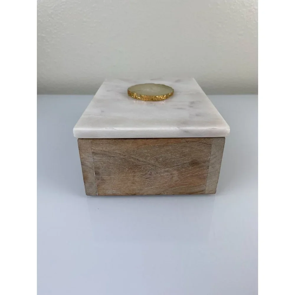 Portofino Home Marble Top Wooden Trinket Jewelry Box Made in India Decor White